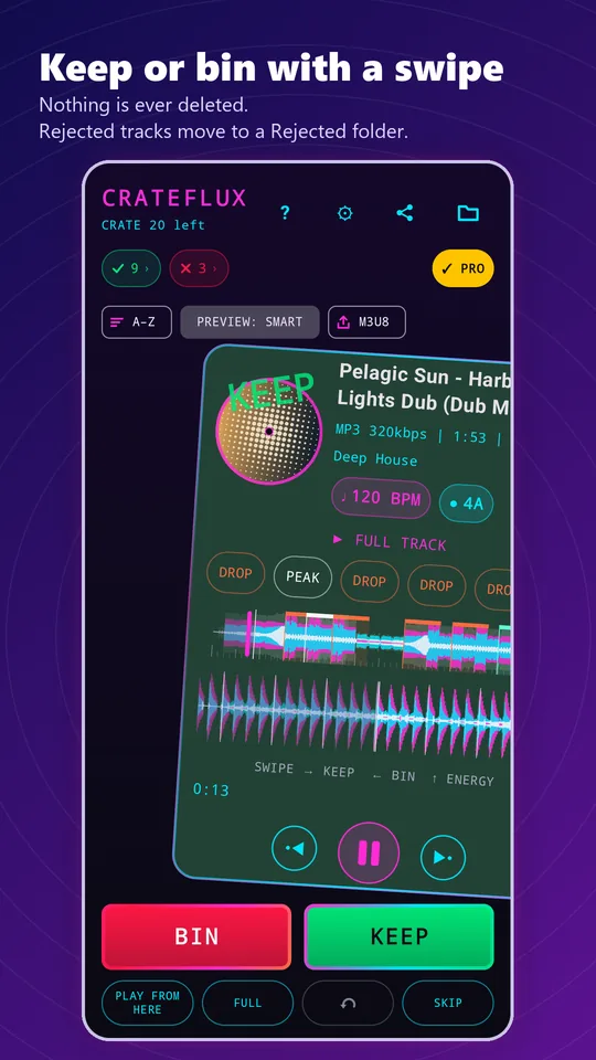 CrateFlux screenshot. Keep or bin with a swipe. Nothing is ever deleted; rejected tracks move to a Rejected folder.