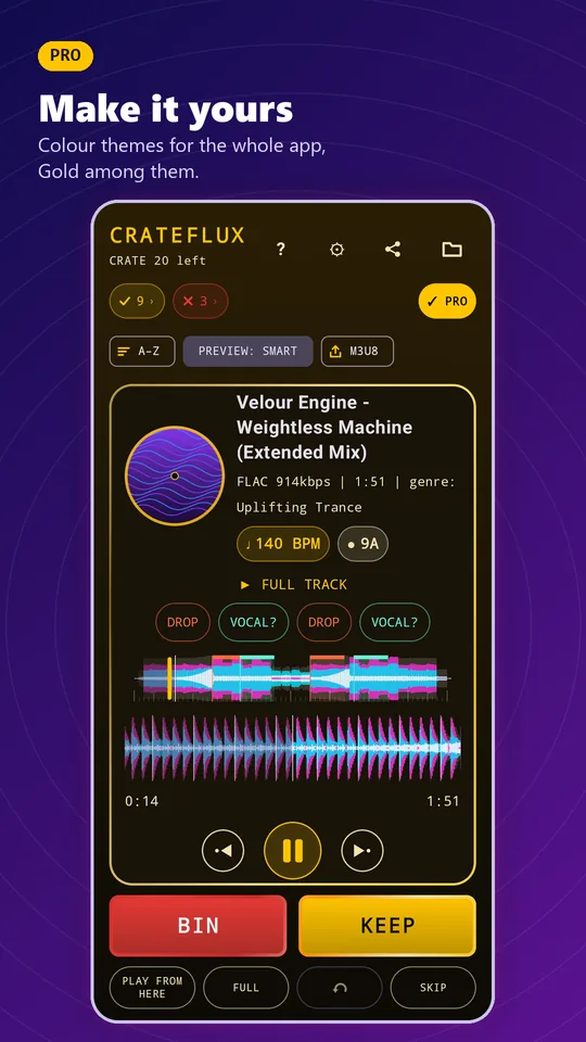 CrateFlux screenshot. Pro: colour themes for the whole app, Gold among them.
