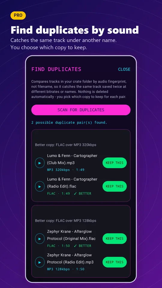 CrateFlux screenshot. Pro: find duplicates by sound. It marks the better copy and you choose which to keep.