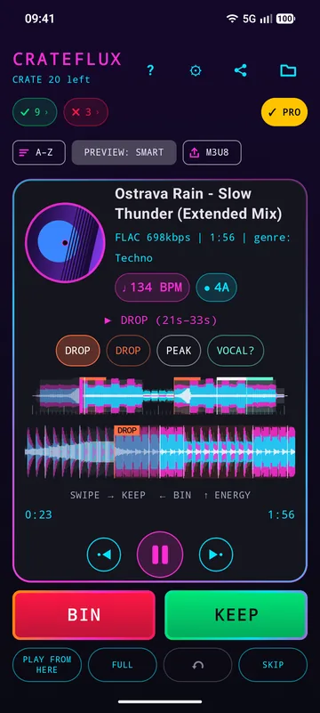 A track playing its detected DROP section, with BPM, key, cue buttons and the waveform.