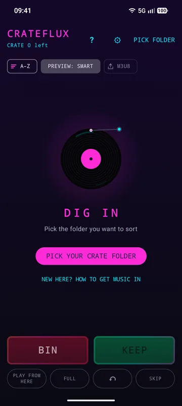 CrateFlux’s first screen: Dig in, with a Pick your crate folder button.