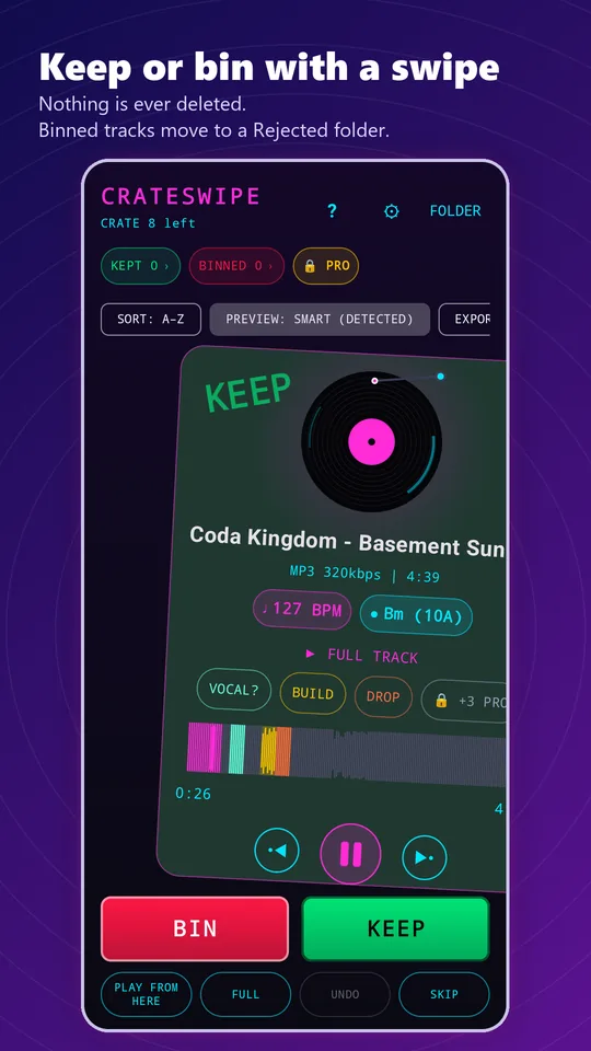 CrateSwipe screenshot. Keep or bin with a swipe. Nothing is ever deleted.