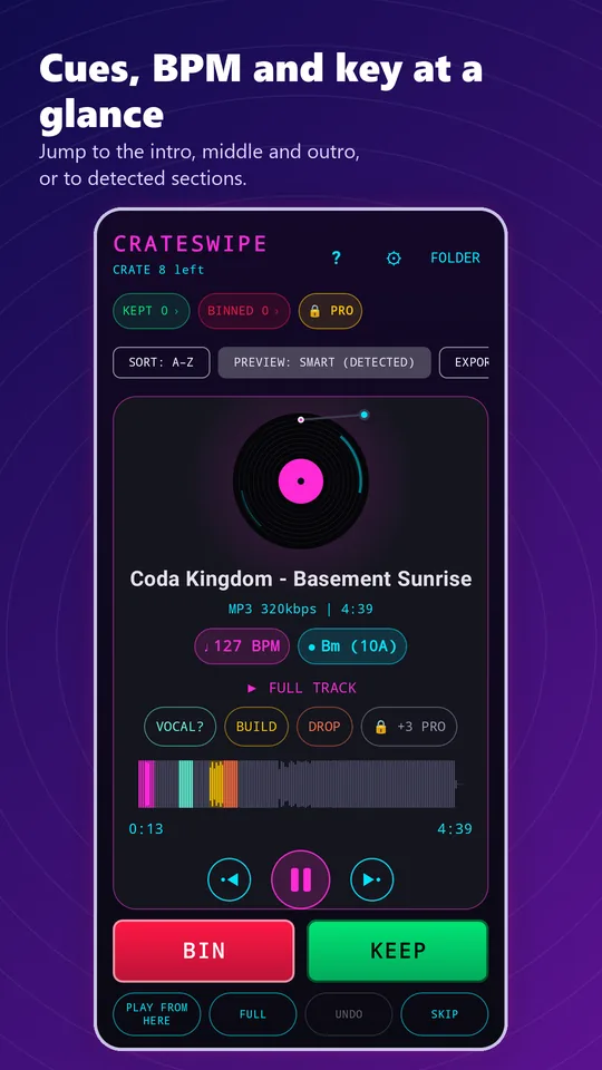 CrateSwipe screenshot. Cues, BPM and key at a glance.