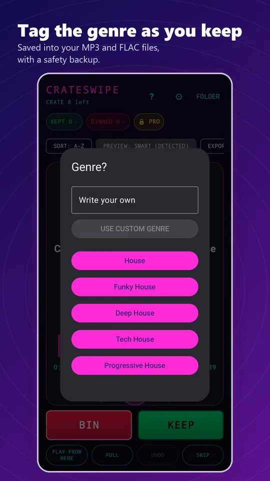 CrateSwipe screenshot. Tag the genre as you keep, from a list or your own.
