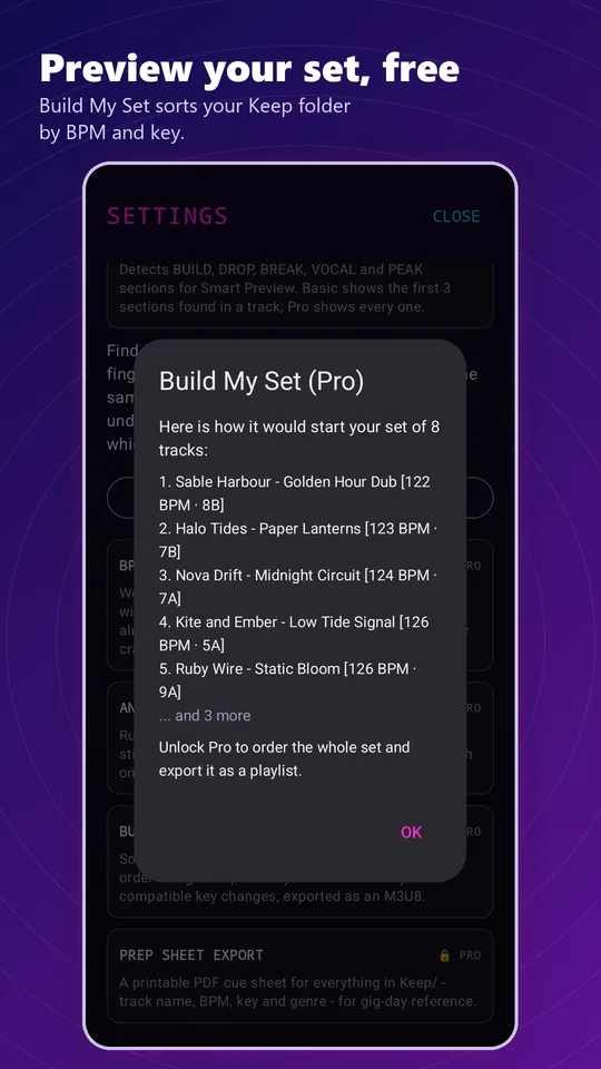 CrateSwipe screenshot. Preview your set for free: Build My Set sorts your Keep folder by BPM and key.
