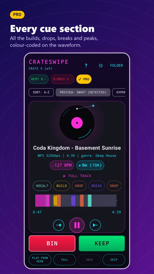 CrateSwipe screenshot. Pro: every cue section, colour-coded on the waveform.