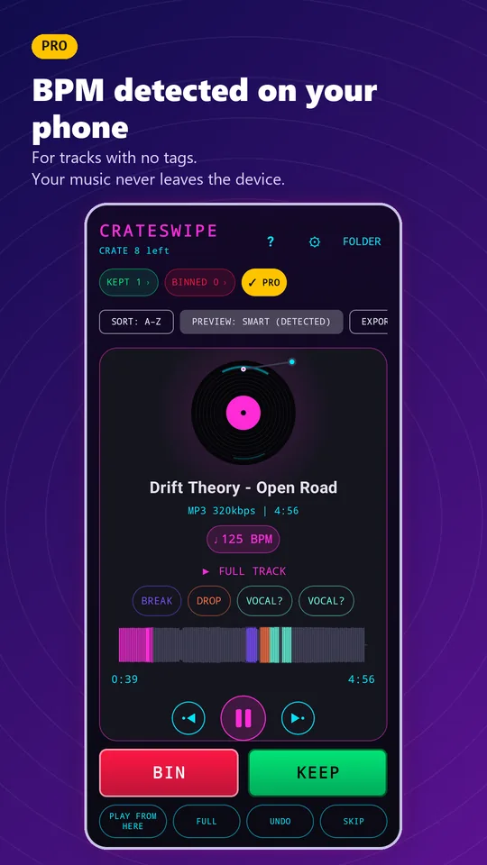 CrateSwipe screenshot. Pro: BPM detected on your phone for tracks with no tags.