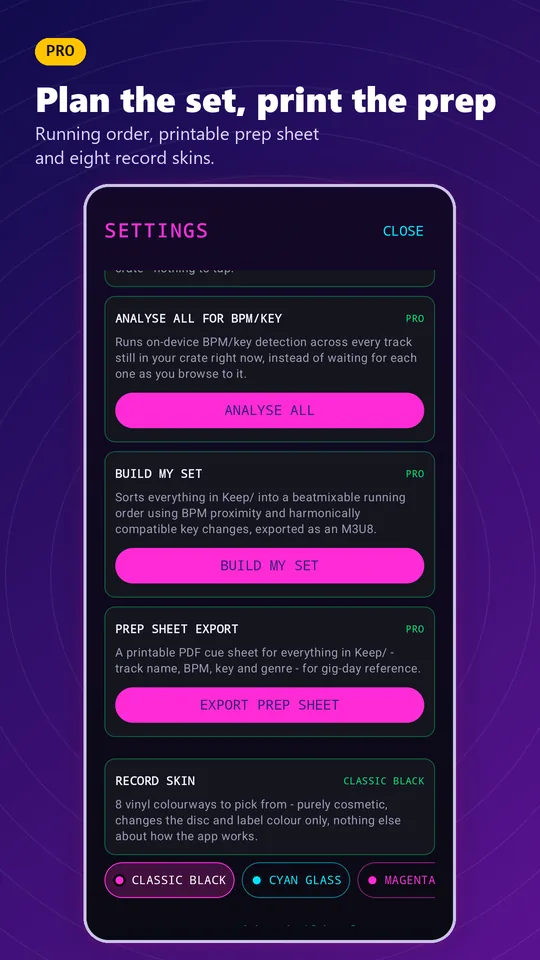 CrateSwipe screenshot. Pro: plan the set, print a prep sheet and pick a record skin.
